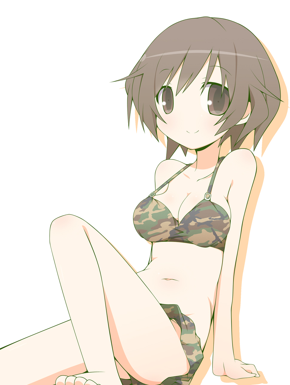 1girl, akiyama_yukari, bad_id, bikini, breasts, brown_eyes, brown_hair, camouflage