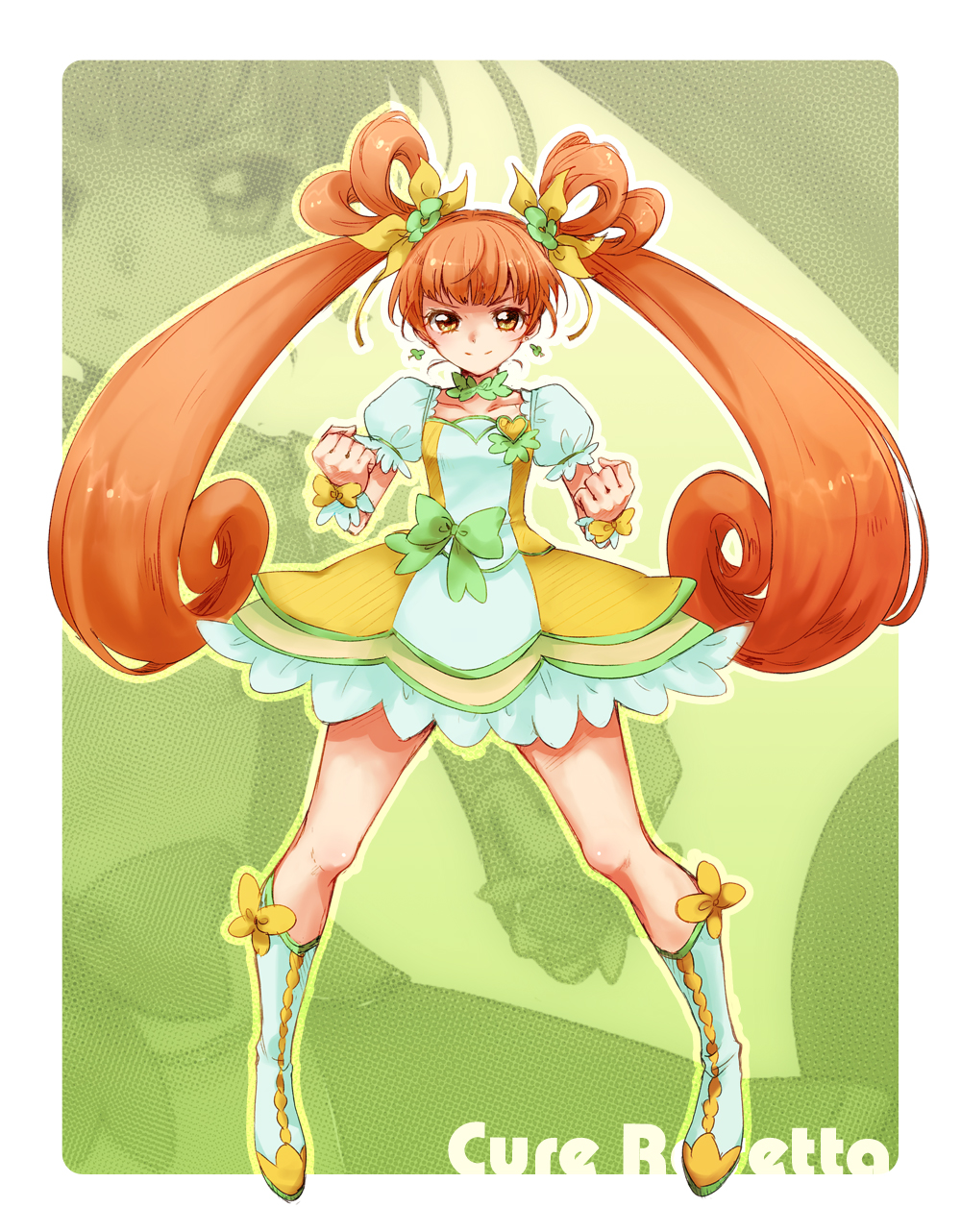 1girl, boots, bow, brown_eyes, brown_hair, character_name, choker, clenched_hand, clenched_hands, cure_rosetta, dokidoki!_precure, double_bun, dress, flower, green_background, hair_flower, hair_ornament, hair_ribbon, hair_rings, highres, knee_boots, long_hair, magical_girl, mironomeo, nomeo, precure, ribbon, smile, solo, twintails, wrist_cuffs, yotsuba_alice, zoom_layer