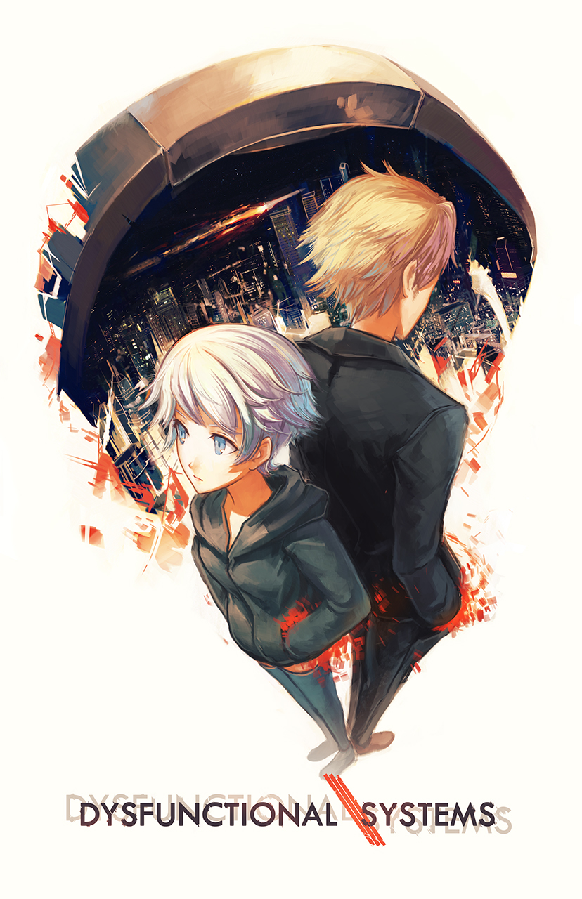 1boy, 1girl, back-to-back, black_legwear, blonde_hair, blue_eyes, cityscape, copyright_name