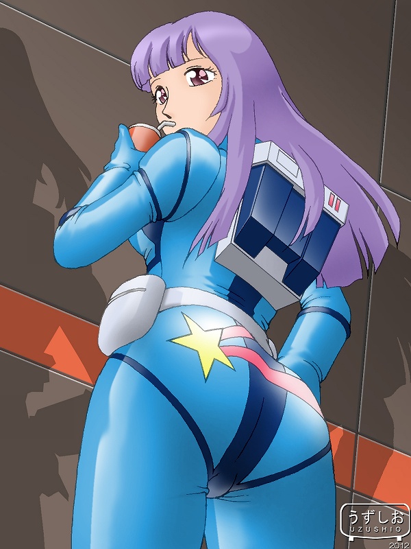 1girl, artist_name, ass, back, breasts, drinking, gundam, gundam_zz
