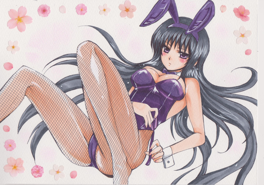 1girl, akemi_homura, animal_ears, bare_shoulders, black_hair, bow, bowtie, breasts