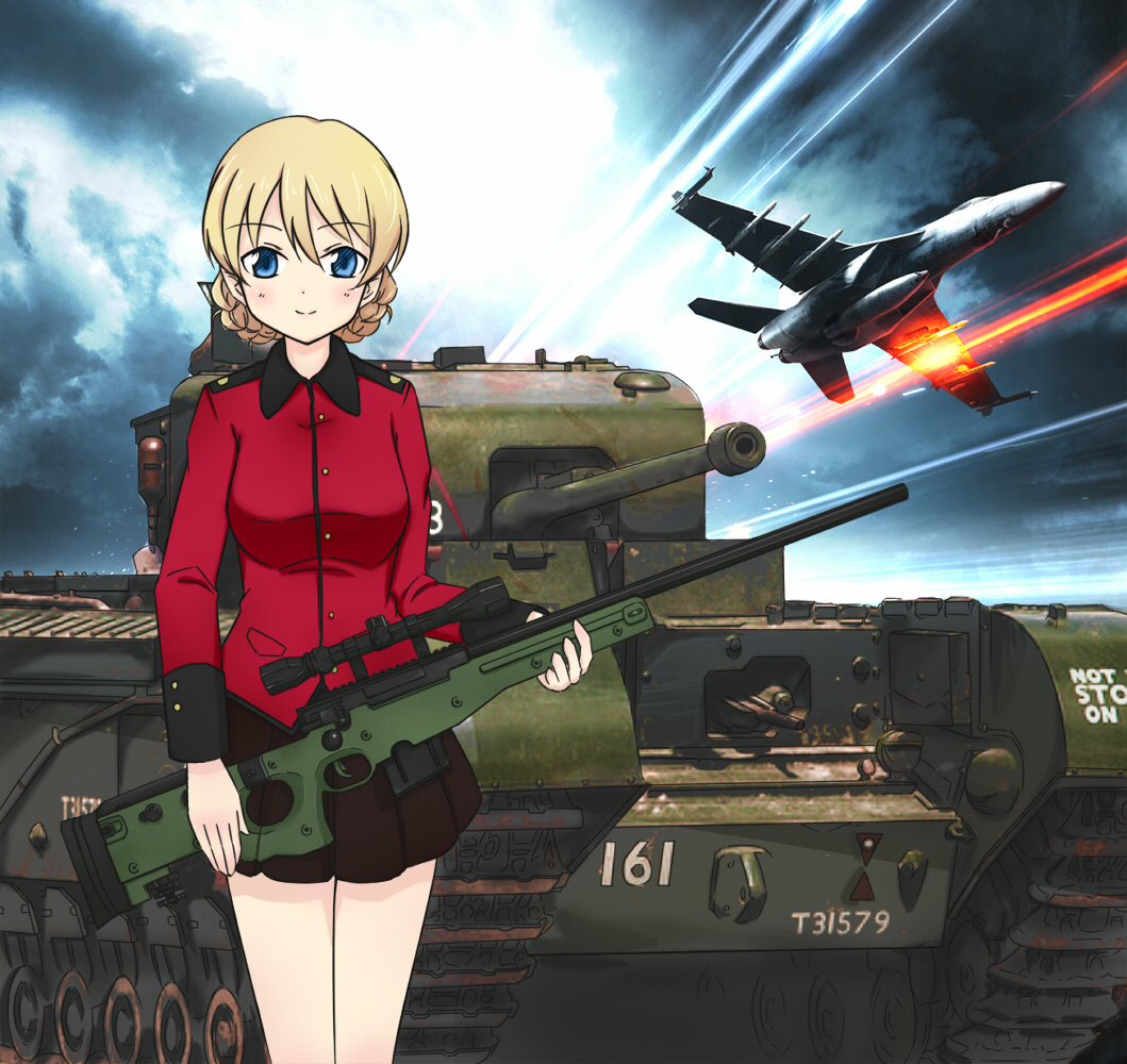 1girl, ai_arctic_warfare, aircraft, airplane, bangs, battlefield_(series), battlefield_3, black_skirt