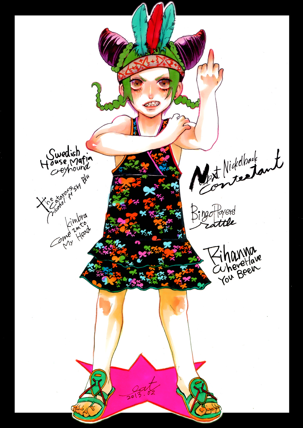 1girl, black_hair, braid, brown_eyes, double_bun, dress, eat666, feathers, green_hair, headband, highres, jojo_no_kimyou_na_bouken, kuujou_jolyne, middle_finger, purple_hair, sandals, solo, twin_braids, younger