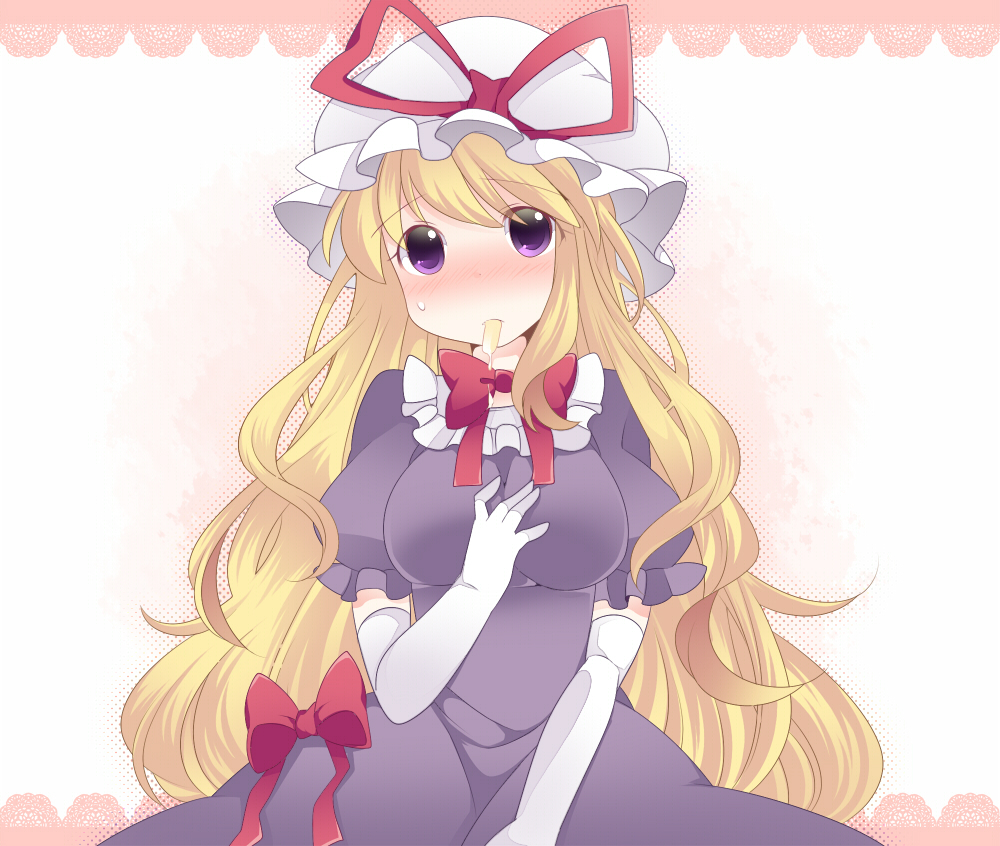 1girl, blonde_hair, blush, bow, breasts, chocolate, dress, elbow_gloves