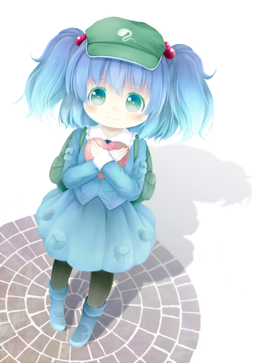 1girl, backpack, bag, black_legwear, blue_eyes, blue_hair, blush, breasts, chocolate, chocolate_heart, female, hair_bobbles, hair_ornament, hat, heart, highres, kawashiro_nitori, key, pantyhose, pavement, shadow, skirt, smile, solo, tomo_(skycolours), tomo_takino, touhou, twintails, two_side_up, valentine