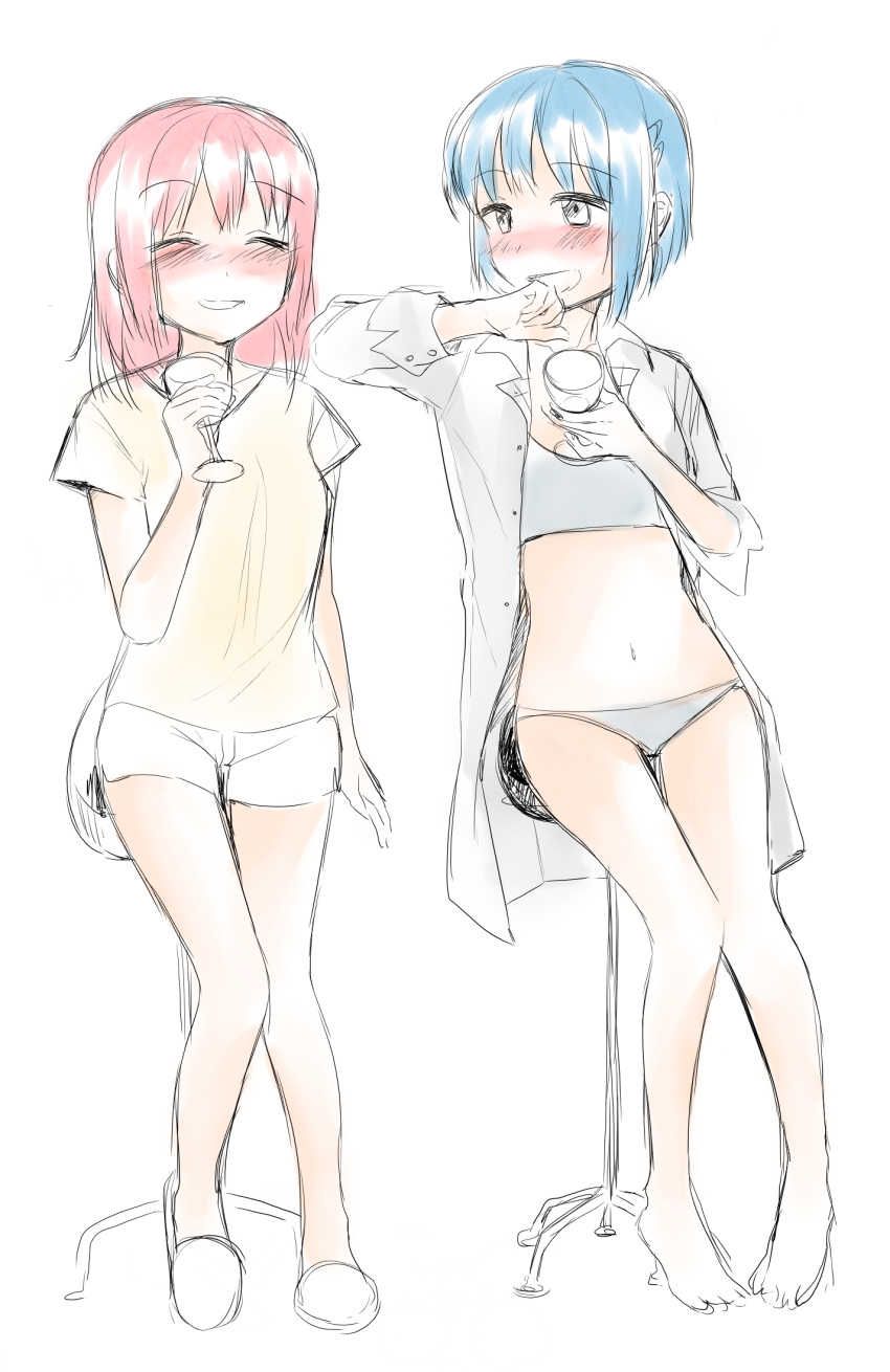 2girls, bad_id, blue_hair, blush, boyshorts, closed_eyes, cup, dddoochi1
