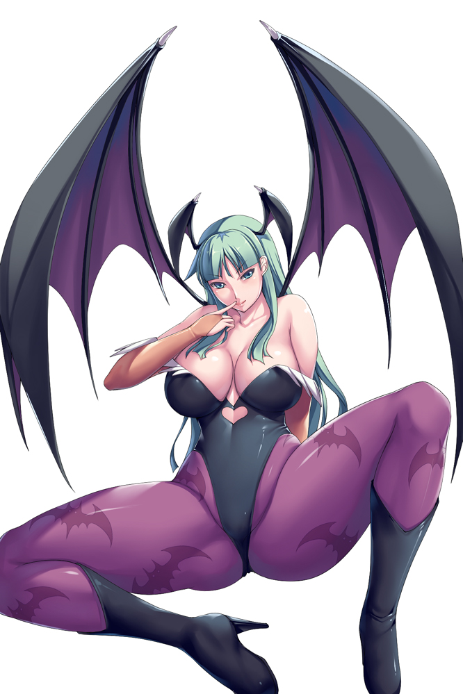 1girl, bare_shoulders, bat_print, bat_wings, boots, breasts, bridal_gauntlets, capcom