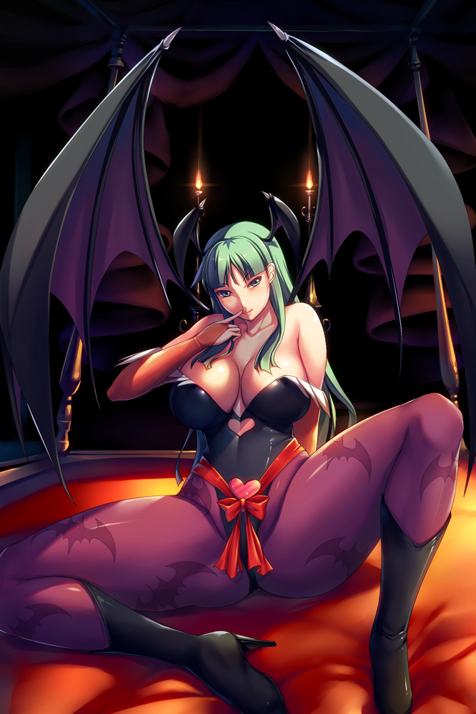 1girl, bare_shoulders, bat_print, bat_wings, bed, boots, breasts, bridal_gauntlets