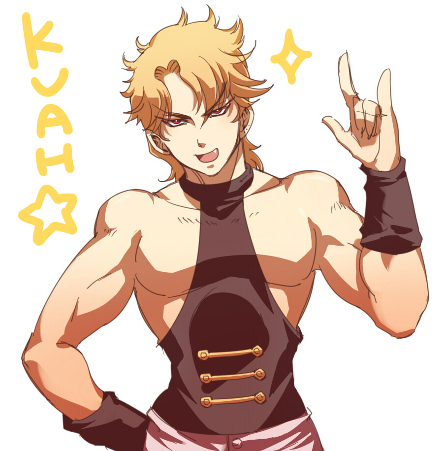 1boy, \m/, blonde_hair, dio_brando, fang, jojo_no_kimyou_na_bouken, male_focus, niku3729
