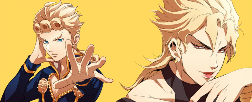 2boys, blonde_hair, blue_eyes, dio_brando, earrings, father_and_son, giorno_giovanna, jewelry, jojo_no_kimyou_na_bouken, lipstick, makeup, male_focus, multiple_boys, niku3729, red_eyes, tazawa_(odamura), yellow_background