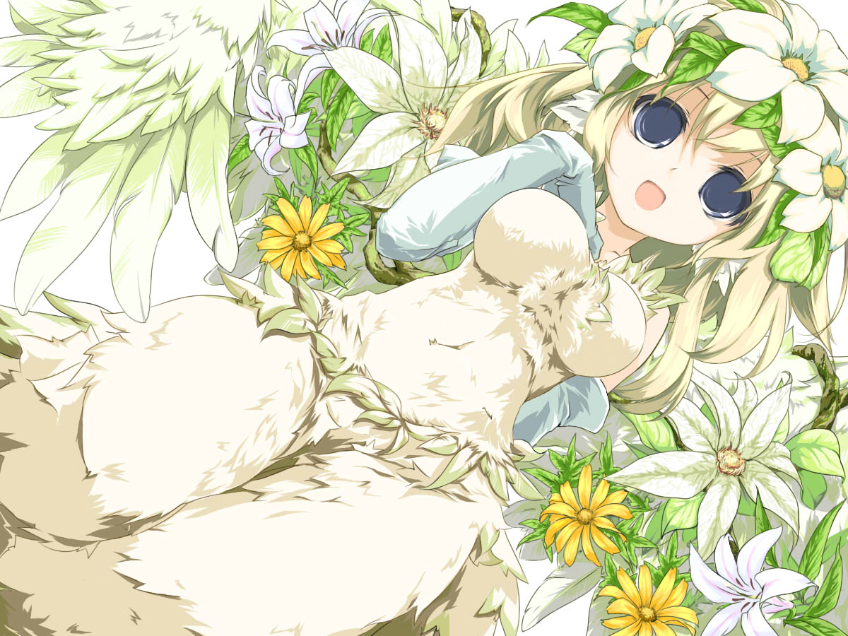 blue_eyes, elbow_gloves, elle_(lom), feathers, flower, gloves, legend_of_mana, monster_girl