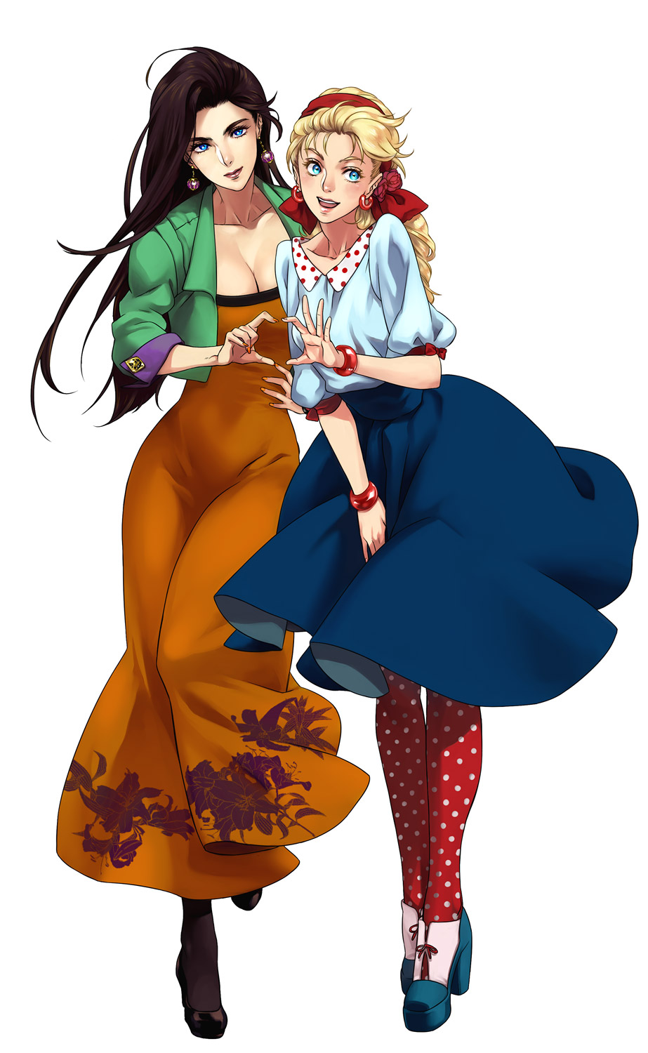 2girls, alternate_costume, battle_tendency, black_hair, black_legwear, black_shoes, blonde_hair, blue_eyes, blue_shirt, blue_skirt, bracelet, breasts, cleavage, collarbone, contrapposto, cropped_jacket, dress, earrings, female, floral_print, flower, full_body, green_jacket, hair_flower, hair_ornament, hairband, happy, head_scarf, heart, heart_hands, high_heels, highres, jacket, jewelry, jojo_no_kimyou_na_bouken, kabane_(follabi), lily_(flower), lipstick, lisa_lisa, long_dress, long_hair, looking_at_viewer, makeup, mature, milf, multiple_girls, nail_polish, open_mouth, orange_dress, orange_nails, pantyhose, patterned_legwear, polka_dot, polka_dot_legwear, red_legwear, red_lipstick, red_rose, rose, shirt, shoes, simple_background, skirt, skirt_tug, smile, standing, standing_on_one_leg, suzi_q, white_background