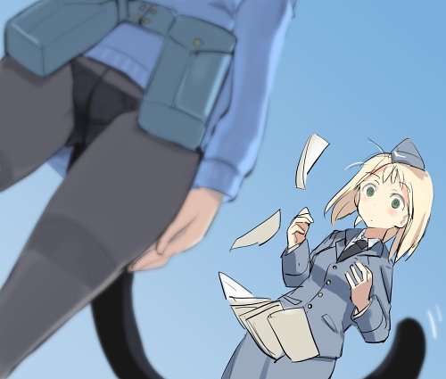2girls, air_force, black_legwear, black_panties, blonde_hair, blue_background, blush, cat_tail