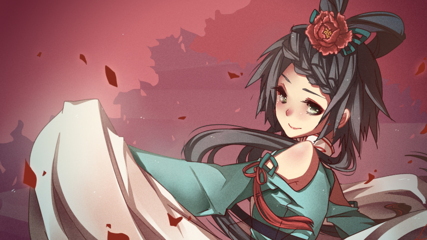 1girl, flower, hair_flower, hair_ornament, highres, kaka_cheung, luo_tianyi, petals, san_yue_yu_(vocaloid), smile, solo, tears, vocaloid