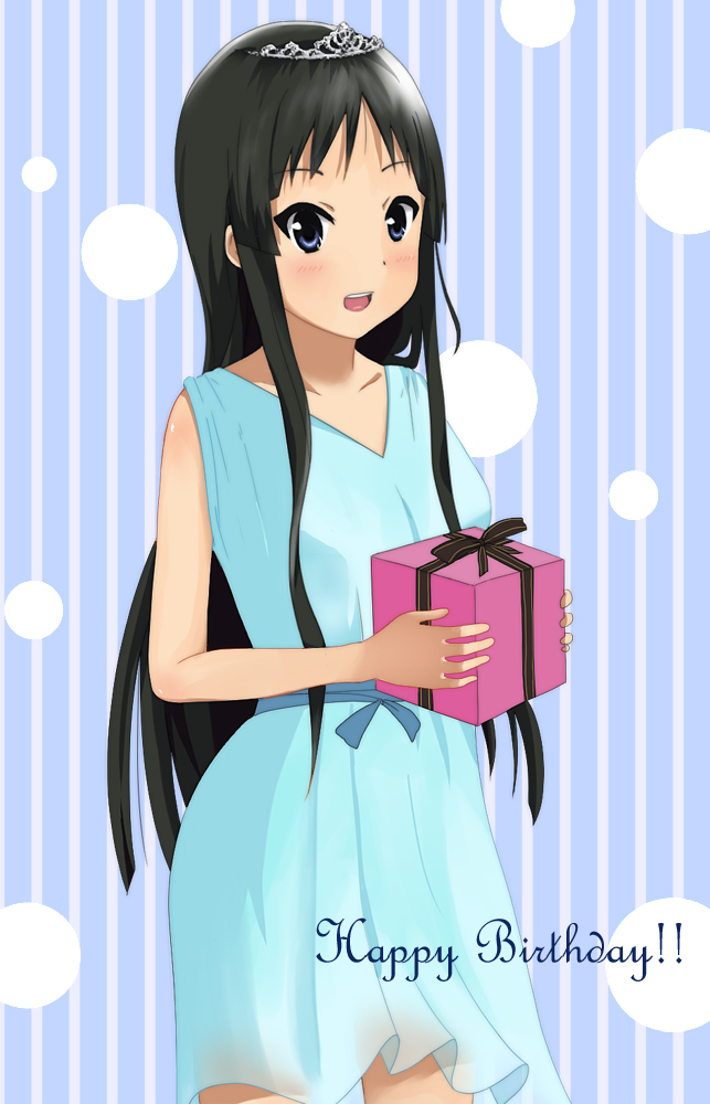 1girl, akiyama_mio, black_eyes, blush, dress, gift, hime_cut, k-on!