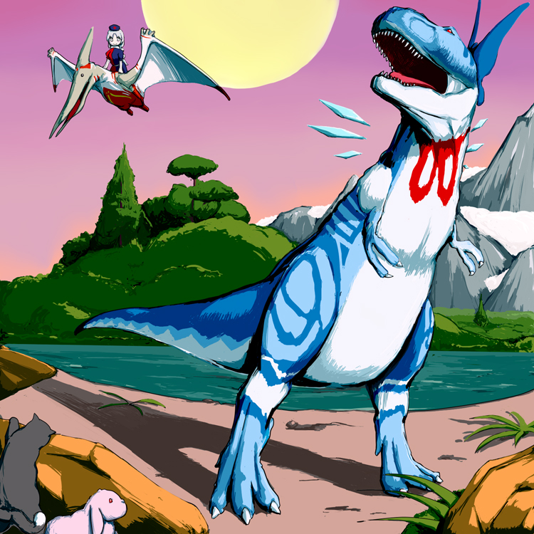 1girl, ?, animalization, cirno, dinosaur, hakurei_reimu, nochi, parody