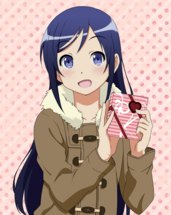 1girl, aragaki_ayase, black_hair, blue_eyes, hiro_23_kura, lavoy_(kurakuro), long_hair, ore_no_imouto_ga_konna_ni_kawaii_wake_ga_nai, solo, valentine