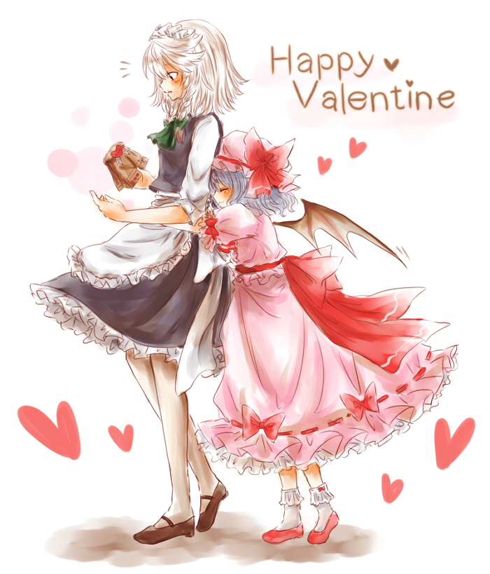 2girls, bat_wings, blush, closed_eyes, female, happy_valentine, hat, heart