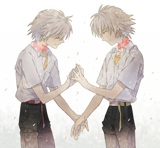 2boys, blood, closed_eyes, dual_persona, frown, hand_holding, male_focus, multiple_boys, nagisa_kaworu, neon_genesis_evangelion, red_eyes, school_uniform, short_hair, smile, tapiet, white_hair