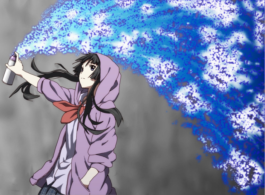 1girl, akiyama_mio, black_eyes, black_hair, blush, hime_cut, hood, hoodie