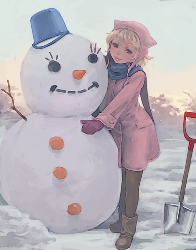1girl, blonde_hair, blue_eyes, coat, hat, lowres, mittens, original, scarf, short_hair, snow, snowman, solo, weno, weno's_blonde_original_character, winter