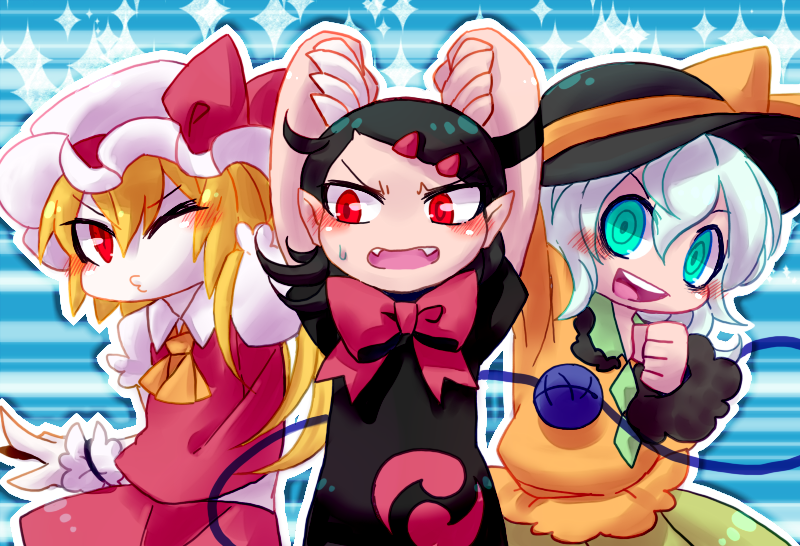 >:d, 3girls, :d, annoyed, aqua_eyes, arm_up, arms_up, bags_under_eyes