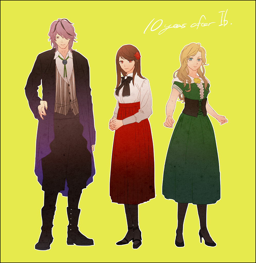 1boy, 2girls, boots, dress, full_body, garry_(ib), ib, ib_(ib)