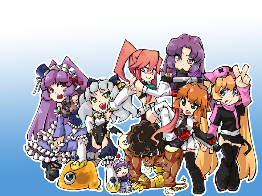 1boy, 6+girls, afro, animal_ears, animal_hat, arc_system_works, artist_request, black_legwear, blonde_hair, blue_eyes, boots, breasts, cat_ears, celia_(chaos_code), chaos_code, character_doll, character_request, chibi, cthylla_(chaos_code), dark_skin, detached_sleeves, dress, fk_digital, flat_chest, frilled_dress, frills, gloves, gothic_lolita, green_eyes, hat, hermes_gberardini, horns, kagari_(chaos_code), knee_boots, kunoichi, legs_crossed, leotard, lipstick_tube, lolita_fashion, long_hair, mini_hat, mini_top_hat, mishima_rui, multiple_girls, ninja, official_art, orange_hair, pink-framed_eyewear, pink-framed_glasses, pink_glasses, purple_hair, red_eyes, redhead, sharp_teeth, silver_hair, sith_whisker, sitting, sitting_on_person, teeth, thigh-highs, tonfa, top_hat, twintails, v, violet_eyes, weapon, x_x