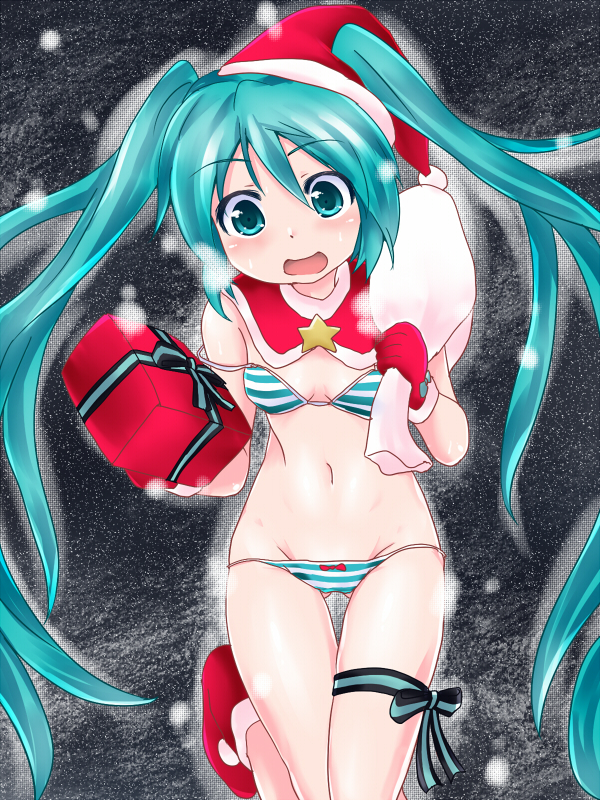 1girl, aqua_eyes, aqua_hair, bra, christmas, gift, gloves, groin