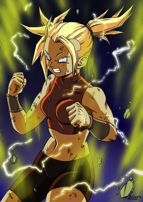 1girl, aura, bra_(dragon_ball), clenched_hand, dragon_ball, dragon_ball_z, dragonball_z, fighting_stance, martial_artist, navel, shorts, solo, sparks, super_saiyan, tank_top