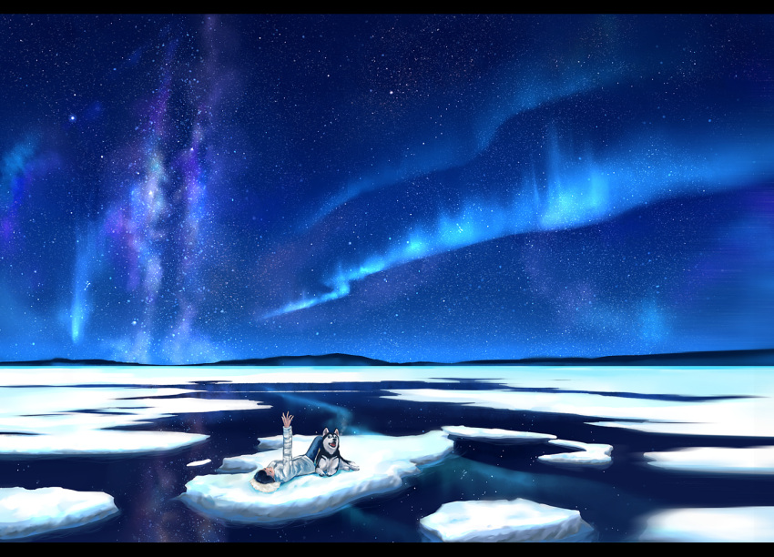 1girl, aurora, dog, ice, lying, megatruh, night, night_sky