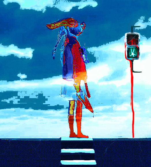 1girl, blood, clouds, colorful, distortion, full_body, giba_ryan, knife