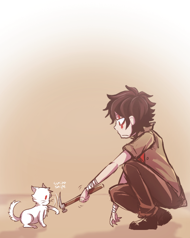 .flow, 1boy, 1girl, animal, animalization, bandage, black_hair, cat