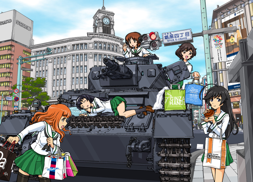 5girls, ahoge, akiyama_yukari, anachronism, bag, bangs, black_eyes, black_hair, black_legwear, blouse, blue_eyes, blunt_bangs, blush, brown_eyes, brown_hair, brown_shoes, caterpillar_tracks, chains, city, clock, contemporary, doughnut, food, ginza_(tokyo), ginza_wako, girls_und_panzer, green_skirt, ground_vehicle, hairband, headphones, highres, isuzu_hana, landmark, lim, long_hair, long_sleeves, lying, messy_hair, military, military_vehicle, miniskirt, motor_vehicle, multiple_girls, neckerchief, nishizumi_miho, on_side, open_mouth, orange_eyes, orange_hair, panzerkampfwagen_iv, pleated_skirt, real_world_location, reizei_mako, school_uniform, serafuku, shoes, shopping_bag, short_hair, skirt, sky, sleeping, smile, socks, takebe_saori, tank, thigh-highs, throat_microphone, tokyo_(city), traffic_light, vehicle, white_blouse