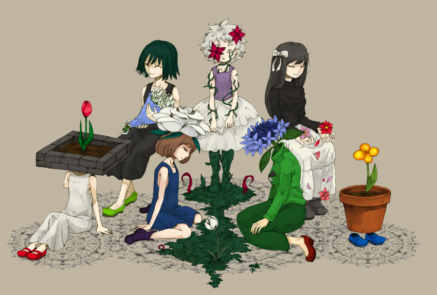 .flow, 6+girls, amputee, ankle_boots, arm_support, black_dress, black_hair, blue_dress