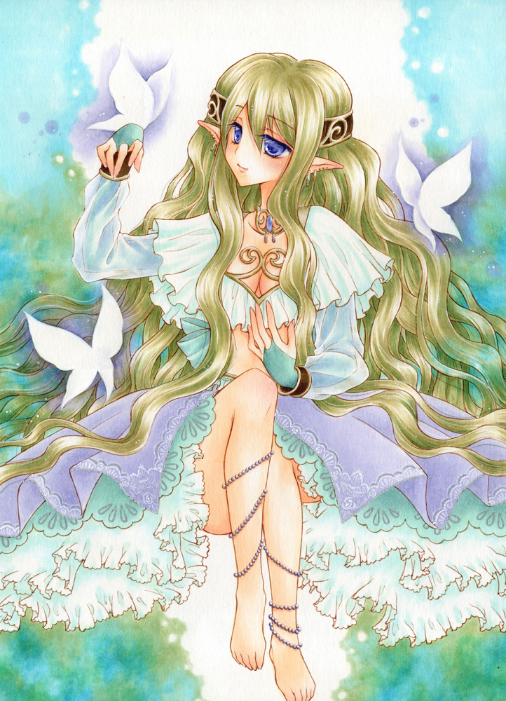 1girl, aoi_yuuka_(ao_no_kokoro), barefoot, blue_eyes, breasts, butterfly, dress, feet
