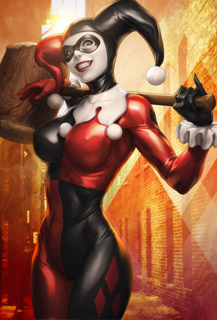 1girl, alley, aqua_eyes, batman_(series), between_breasts, blue_eyes, bodysuit, breasts, brick_wall, clown, cowboy_shot, dc_comics, diamond_(shape), domino_mask, facepaint, female, fire_escape, gloves, grin, harley_quinn, hat, hat_pompom, holding, holding_weapon, jester, jester_cap, large_breasts, lipstick, makeup, mallet, mask, outdoors, pinky_out, realistic, red_lipstick, signature, skin_tight, smile, solo, stanley_lau, sun, superhero, teeth, weapon, wide_hips