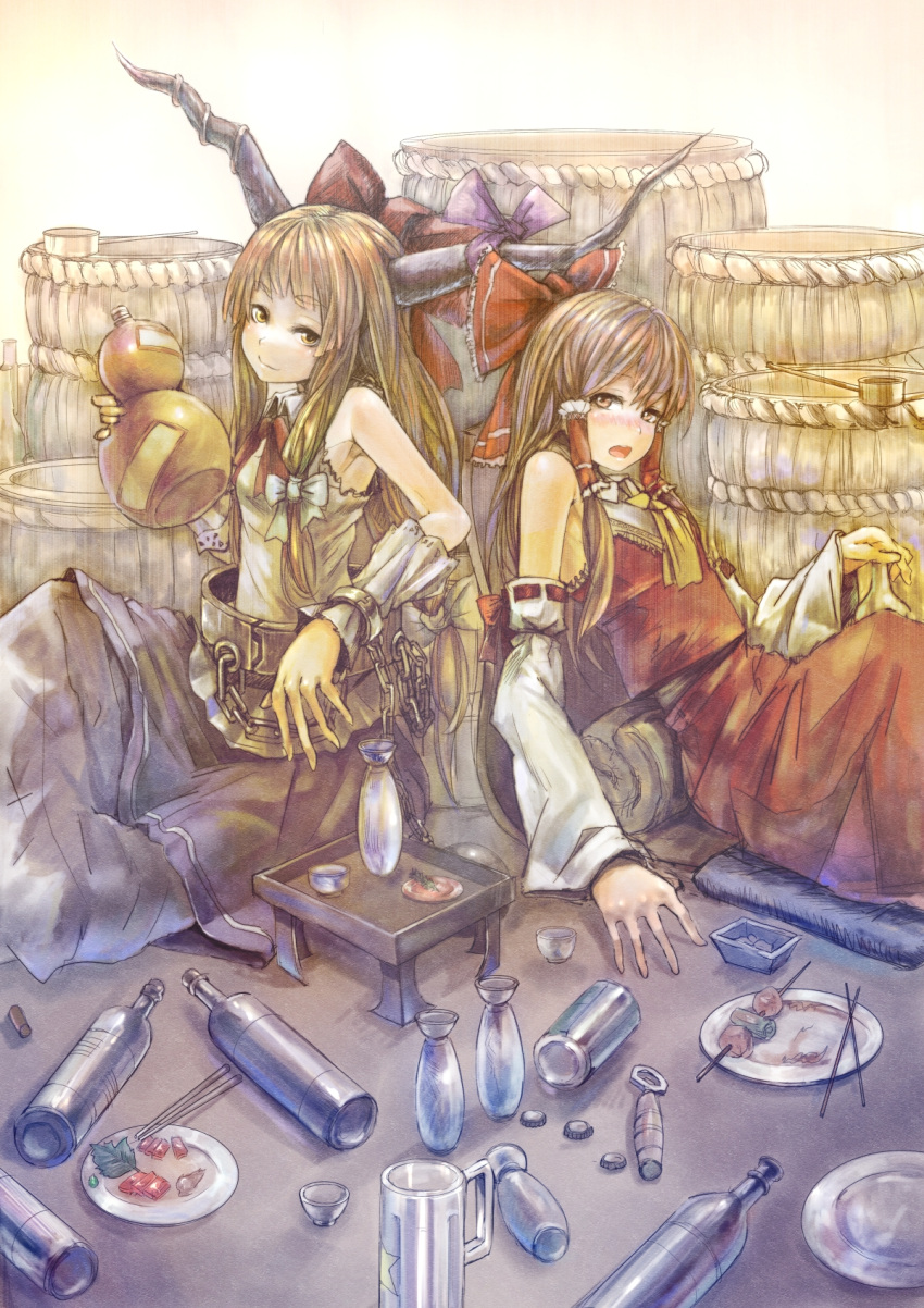2girls, ascot, belt, blonde_hair, blush, bottle, bottle_opener, bow