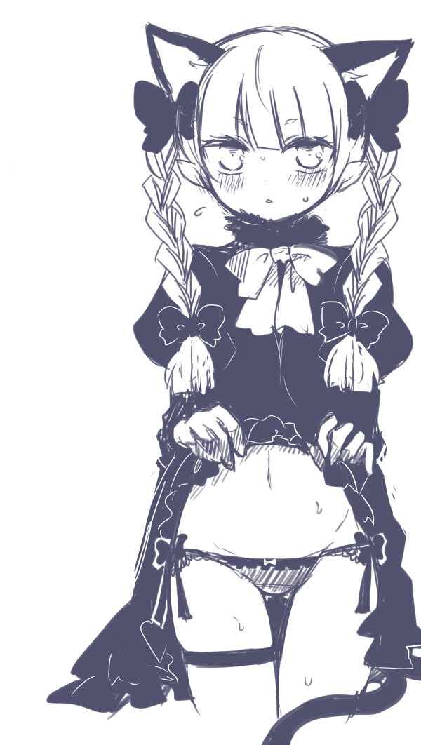 1girl, :d, animal_ears, bow, braid, cat_ears, cat_tail, dress, dress_lift, extra_ears, female, hair_bow, kaenbyou_rin, looking_at_viewer, monochrome, moryu, open_mouth, panties, pointy_ears, side-tie_panties, simple_background, sketch, smile, solo, tail, thigh_strap, touhou, twin_braids, underwear, white_background