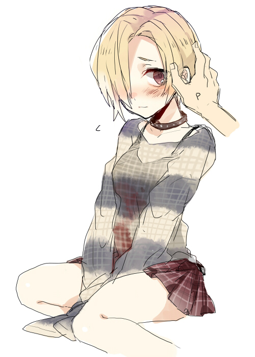 1boy, 1girl, bare_legs, blonde_hair, blush, brown_eyes, caress, caressing, choker, hair_over_one_eye, idolmaster, idolmaster_cinderella_girls, konno_seara, producer_(idolmaster), see-through, shirasaka_koume, short_hair, sitting, sketch, skirt, sleeves_past_wrists, smile