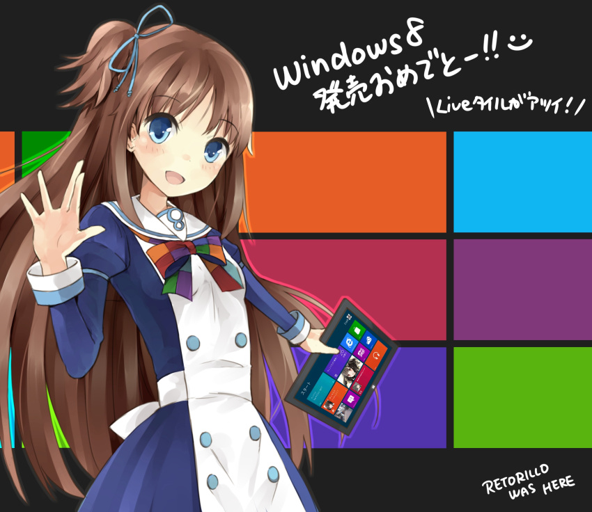 1girl, absurdres, artist_name, blue_eyes, bow, brown_hair, dress, hair_ribbon, highres, madobe_ai, microsoft, number, os-tan, personification, retorillo, ribbon, side_ponytail, smile, smiley_face, solo, tablet, text, translation_request, windows, windows_8