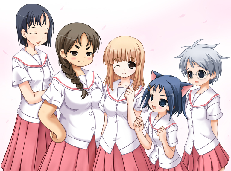 5girls, :3, animal_ears, black_hair, blonde_hair, blue_eyes, blue_hair, blush
