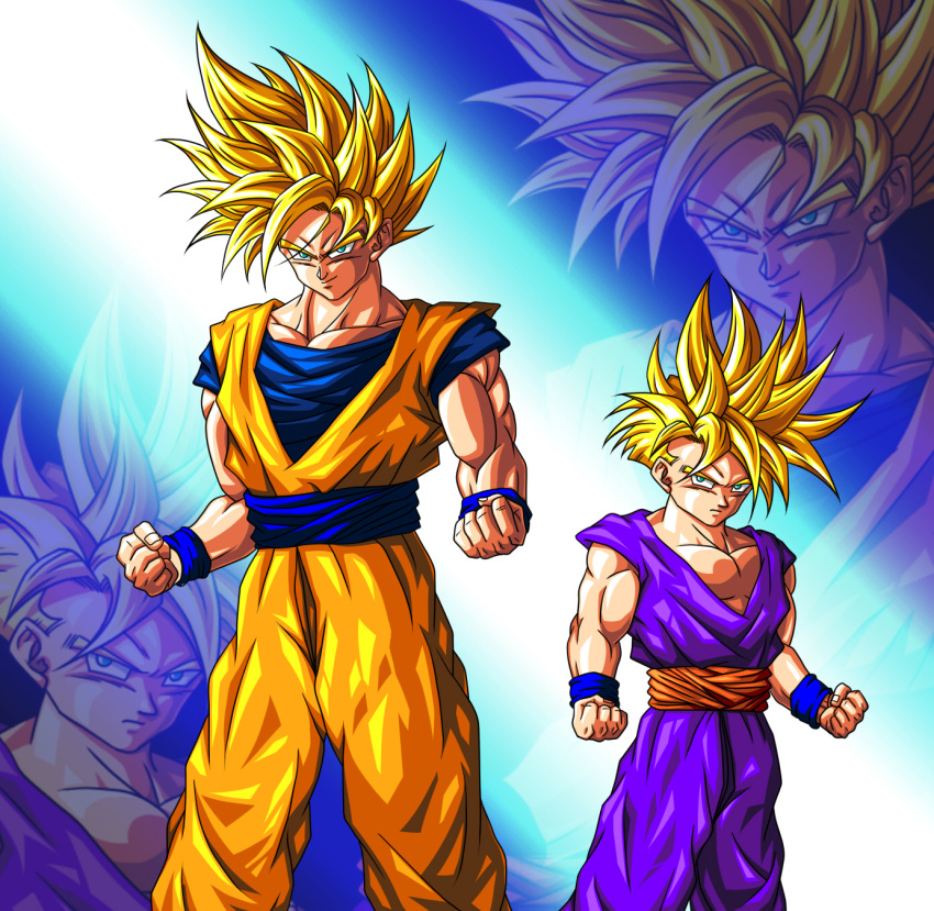 2boys, blonde_hair, blue_eyes, dragon_ball, dragon_ball_z, dragonball_z, father_and_son, highres