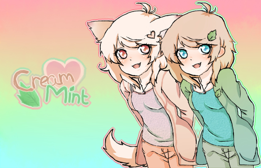 2girls, ahoge, animal_ears, aqua_eyes, blonde_hair, blush, character_name, fox_ears, fox_tail, hair_ornament, heart, jewelry, leaf, looking_at_viewer, minimilk, multiple_girls, necklace, open_mouth, orange_hair, original, pants, pink_eyes, pink_hair, pink_shirt, shirt, siblings, sisters, tail, twins