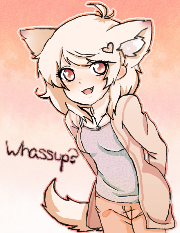 1girl, ahoge, animal_ears, blonde_hair, blush, english, fang, fox_ears