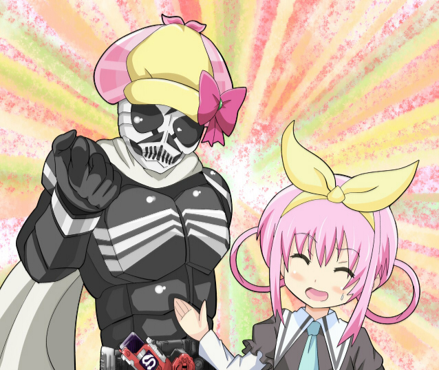 banboro_(technobot), belt, crossover, hair_rings, hat, kamen_rider, kamen_rider_skull, kamen_rider_w