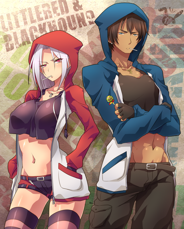1boy, 1girl, aqil_ilyas_haddad, arai_nobu, belt, blue_eyes, blush, breasts, chloe_fleurage, fingerless_gloves, gloves, hood, hoodie, jewelry, original, pants, pendant, red_eyes, short_shorts, shorts, striped, striped_legwear, thigh-highs, white_hair