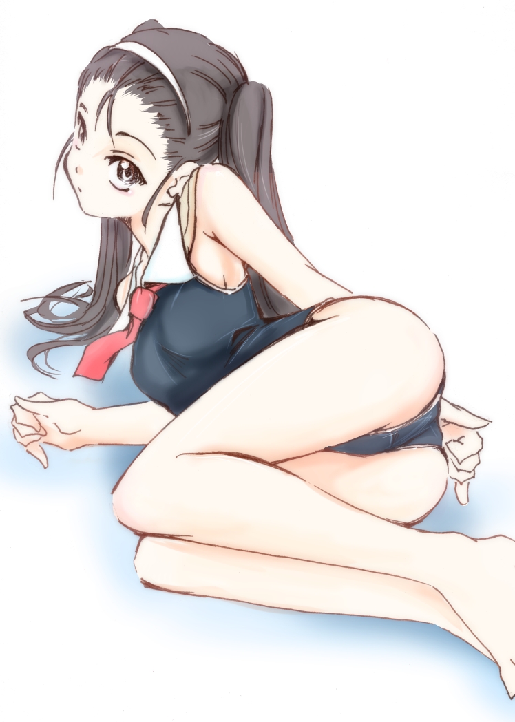 1girl, ass, bare_shoulders, black_eyes, black_hair, jason_(kaiten_kussaku_kikou), long_hair, lying, necktie, on_side, one-piece_swimsuit, original, school_swimsuit, simple_background, solo, swimsuit, thighs, twintails