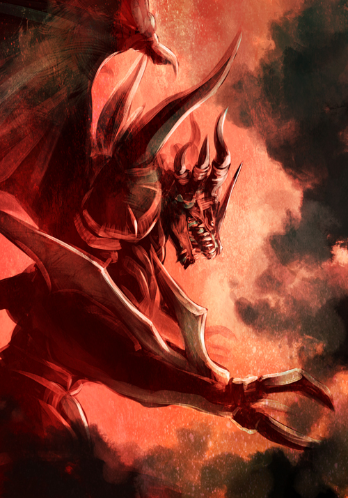 00s, arm_blade, claws, digimon, digimon_tamers, dragon, epic, horns, megidramon, megidramon_x, monster, no_humans, red_eyes, red_sky, sharp_teeth, sky, smoke, solo, spikes, teeth, weapon, wings, yagi_(sinnsyou)