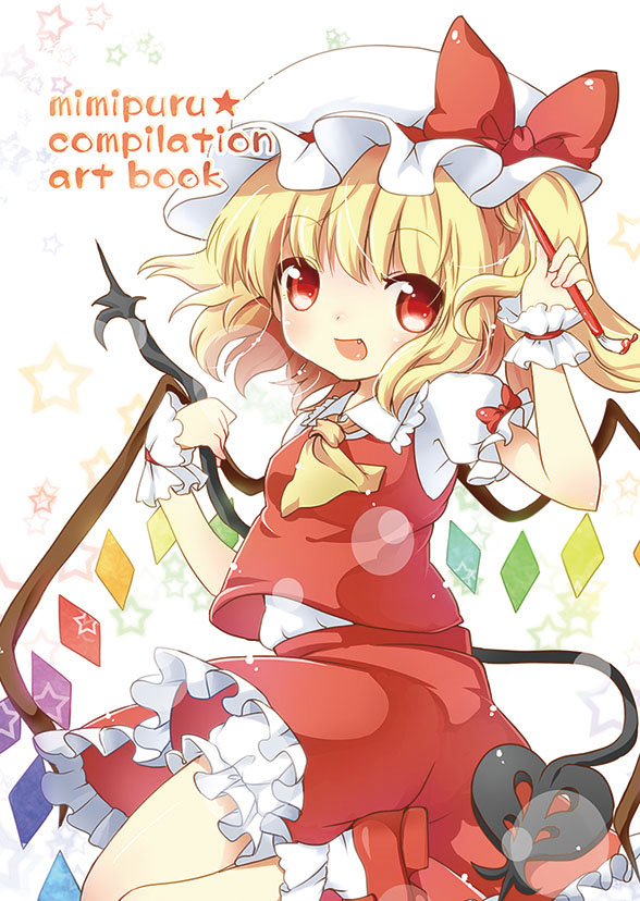 1girl, ascot, blonde_hair, fang, female, flandre_scarlet, hat, hat_ribbon